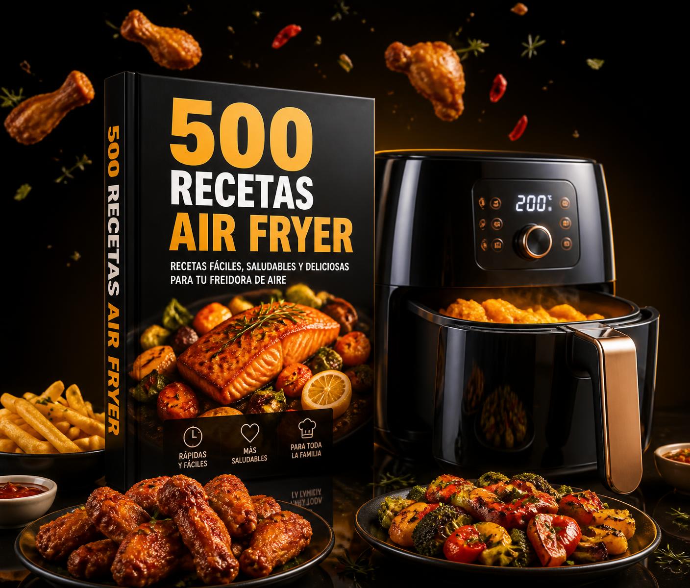 eBook 500 Recetas para Air Fryer junto a una freidora de aire moderna y platos crujientes